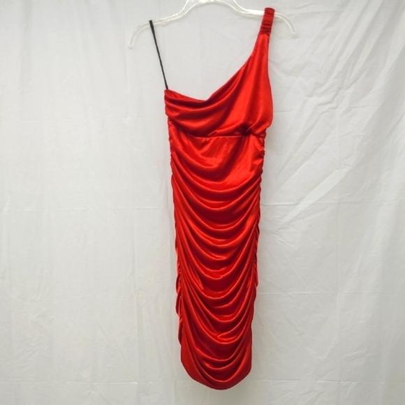 Red Satin Cocktail Dress Midi Rouched Stretchy One Shoulder Bodycon Sexy Vintage - Picture 1 of 8